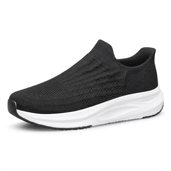 Women Black-White Slip On Walking Flat Lightweight Breathable Casual Sneakers - Picture 1 of 7